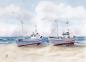 Preview: Postcard DIN-A6  DK09 - Two fishing boats on land Watercolor Maritime Art Print North Sea dunes beach denmark seagull